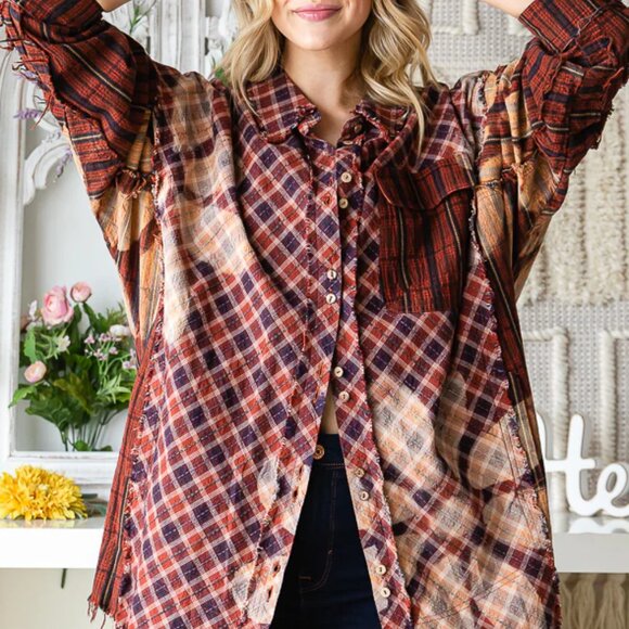 Oli & Hali Bleached Flower Detail Button Down Flannel Shirt - Picture 3 of 14